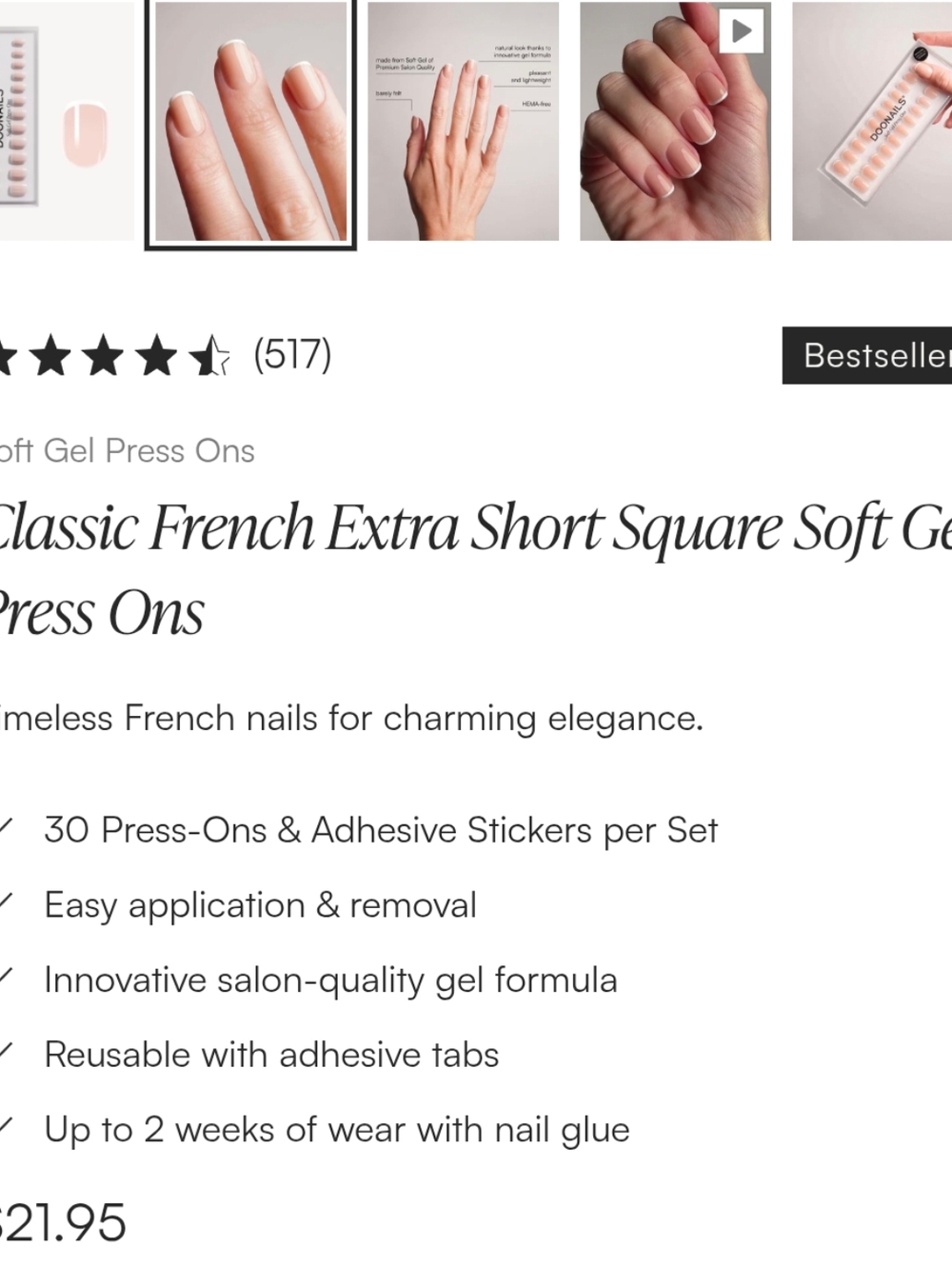 Doonails Reusable Gel Press-On Nails Set in "Classic French Extra Short Square" - Picture 4 of 13
